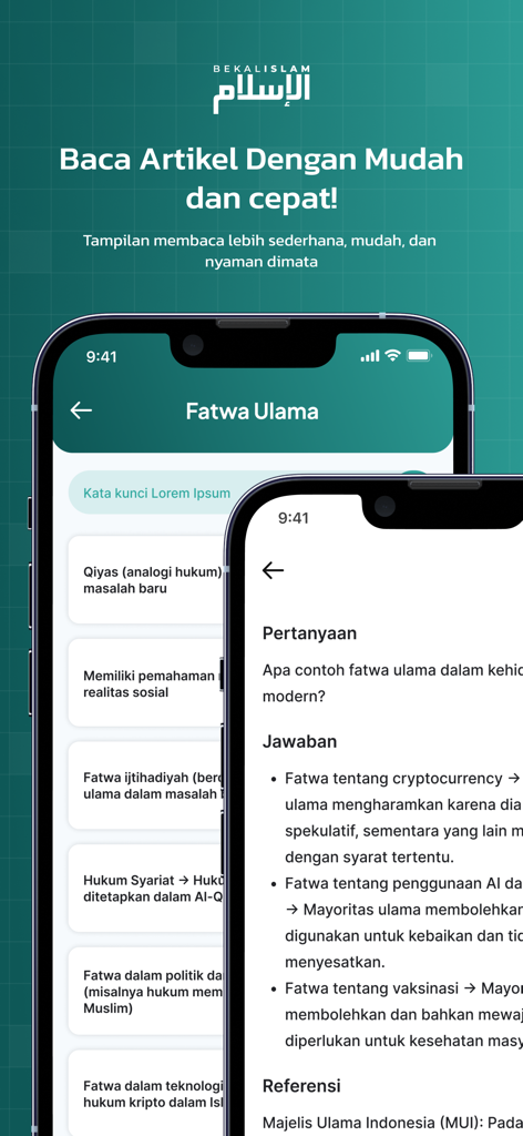 Interface of the Bekal Islam app showing religious fatwa articles and Q&A on modern life topics.