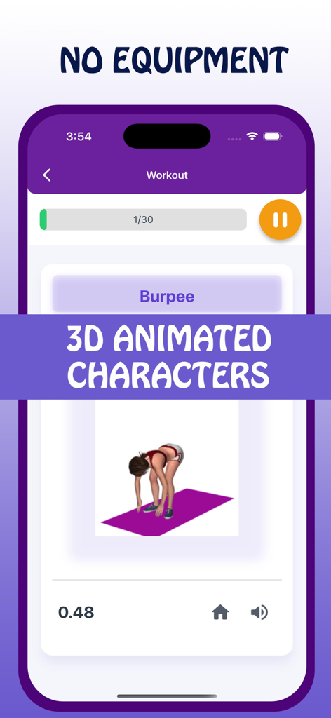 Bigger Buttocks Workout,glutes - Personagem animado em 3D realizando um exercício de burpee no aplicativo de treino de glúteos