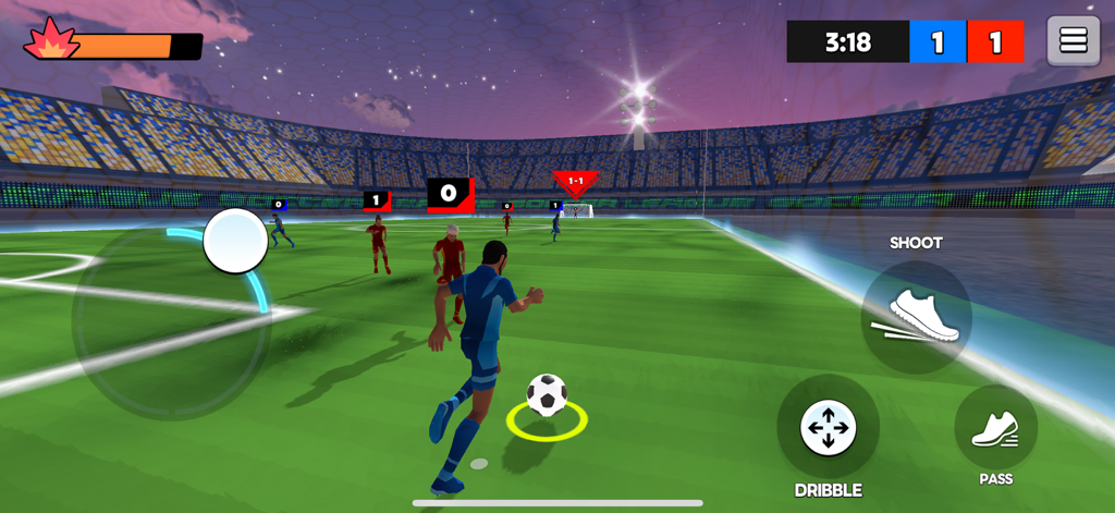 Soccer League - Football Match - 広大なスタジアムで行われる5v5アーケードサッカーマッチで、青いジャージの選手がボールをドリブルしている様子