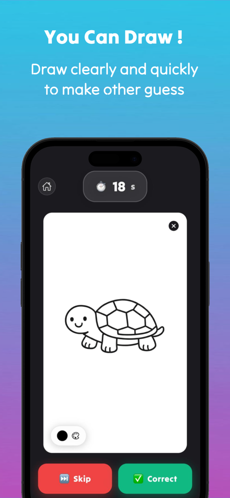 Wordigo : Play with friends - Captura de pantalla móvil de la interfaz de dibujo del juego Wordigo con una ilustración de tortuga y un temporizador de juego