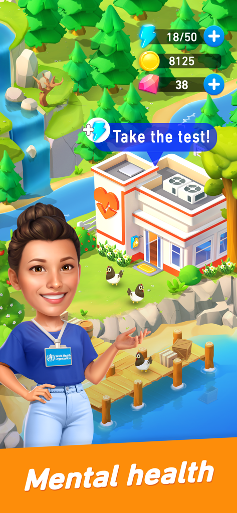 Goodville: Farm Game Adventure - Goodville farm game screenshot showing a female character and a mental health test prompt