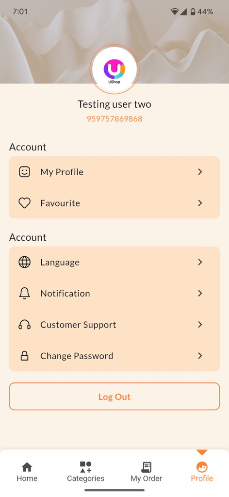 UShop Myanmar - User profile and account settings interface of the UShop Myanmar mobile app showing options for favorites and language