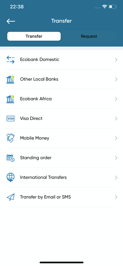 Ecobank Mobile App - The transfer menu screen of the Ecobank mobile app displaying various options for domestic and international money transfers.