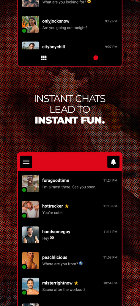 SQ Dating: Gay Chat & Meet - Interface of the SQ Dating app showing a list of active chats and profile photos of men