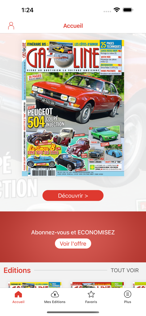 Gazoline - Gazoline app home screen showcasing a classic car magazine cover and subscription offer