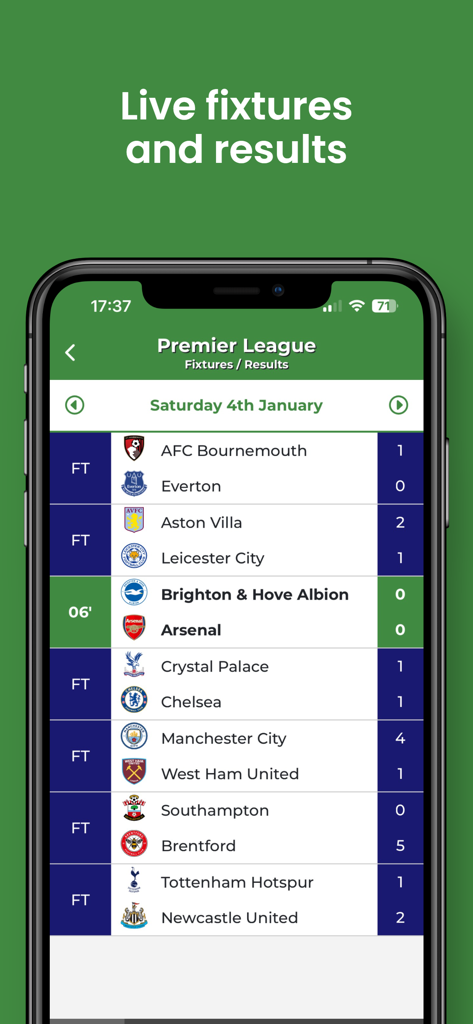 Football Web Pages v2 - Premier League match results and live scores displayed on the Football Web Pages mobile app