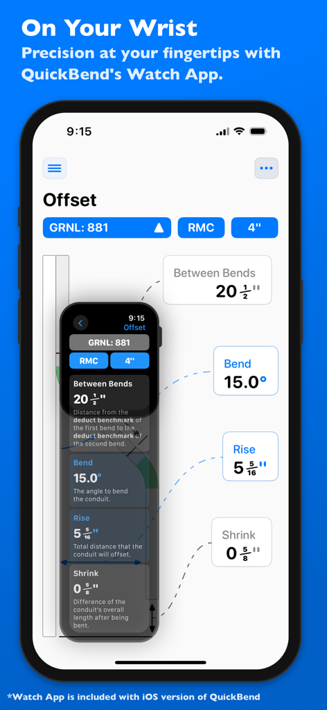 QuickBend app displaying conduit offset calculations on both an iPhone and an Apple Watch