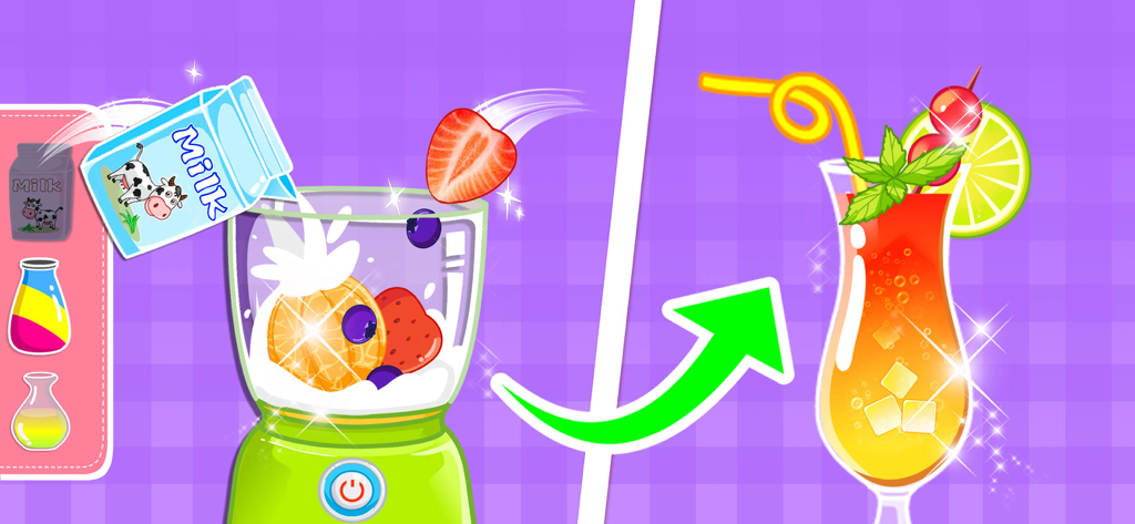My Panda Chef Kitchen - A blender mixing milk and fruit next to a finished colorful fruit juice glass