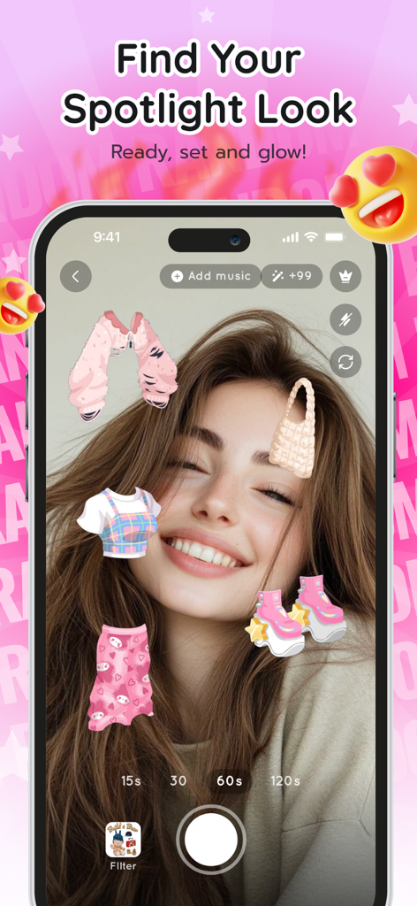 Random Filter: Lovely Tap - A young woman using a random outfit filter app with floating virtual fashion items around her face.