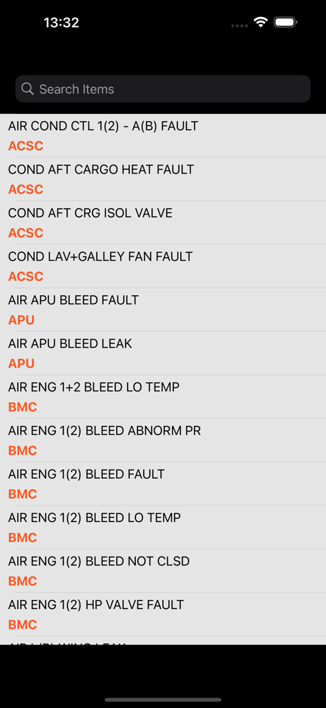 A320 ECAM Reset Pro - Search screen listing Airbus A320 ECAM fault messages and maintenance categories