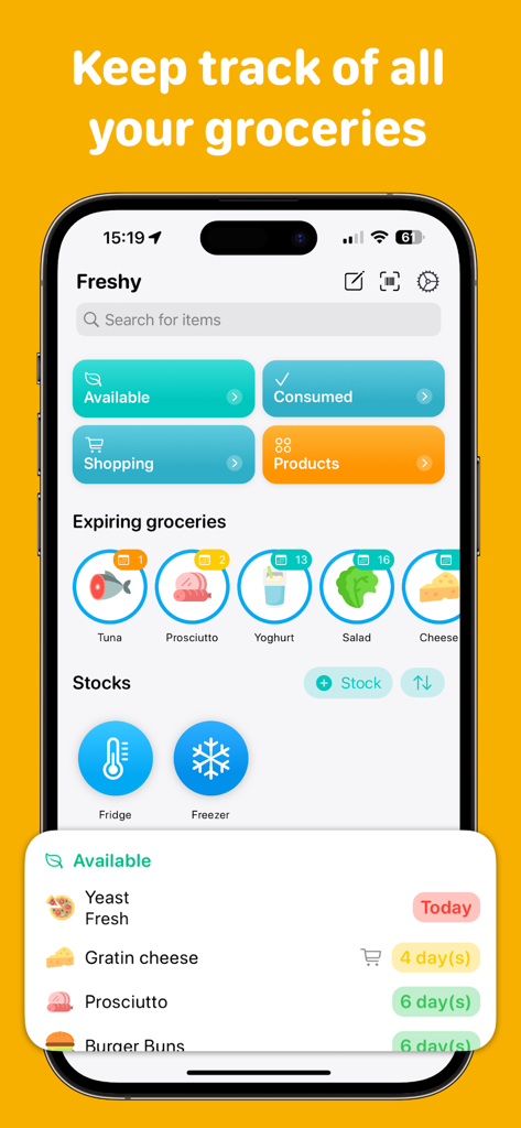 Freshy • Groceries Tracker - Freshy app dashboard showing expiring groceries and stock management on an iPhone screen