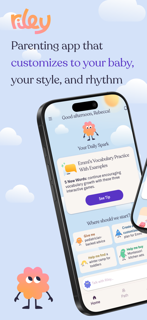 Riley app dashboard showing personalized baby development activities and expert parenting advice options