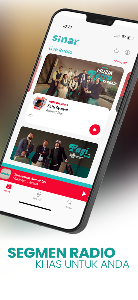 SINAR - Muzik Retro Terbaik - Interface of the SINAR app showing live radio and Malaysian retro music segments