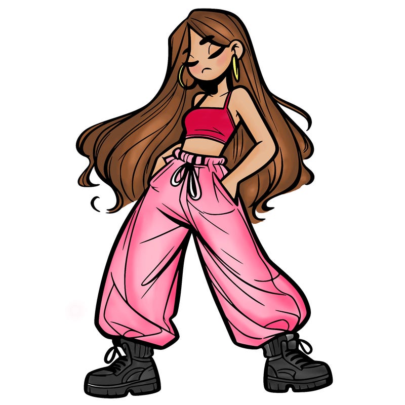 girl in baggy pants crop top and long hair