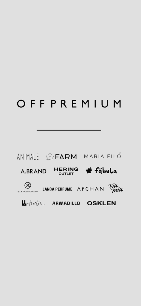 Une collection de logos de marques de mode premium disponibles sur l'application OFF Premium, y compris Farm, Animale et Osklen