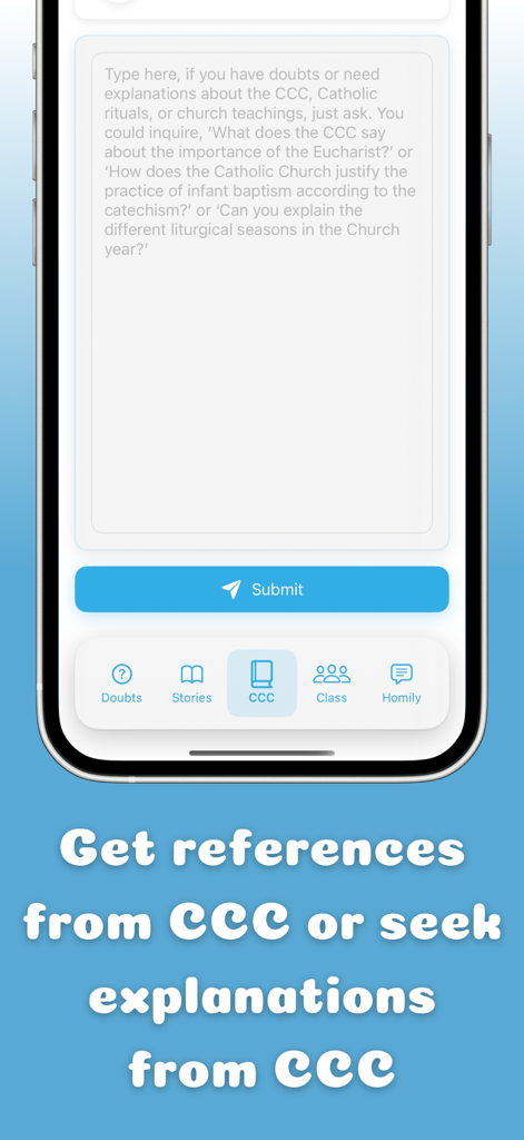 Catholic AI - Faith Guide - Catholic AI app interface showing the CCC reference section for asking questions about Catholic teachings and the Catechism