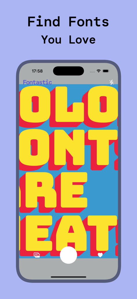 Font Finder: Fontastic - Smartphone screen showing Fontastic app identifying a bold yellow 3D font using the camera