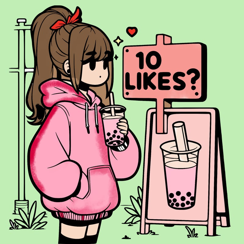 girl with oversized hoodie drinking boba and she has a high ponytail with a sign that says 10likes?