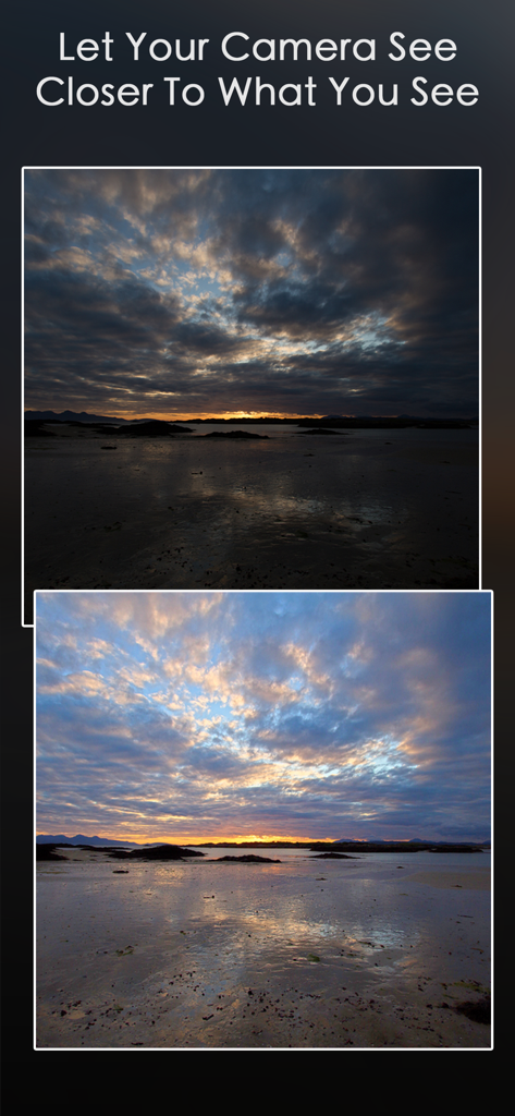 Relight - Better Photos - Before and after comparison of a sunset landscape showing HDR lighting correction