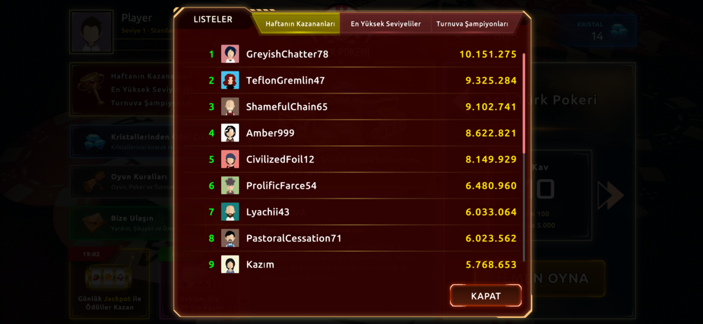 Turk Pokeri - Écran de classement dans l'application Turk Pokeri affichant les gagnants hebdomadaires et leurs meilleurs scores
