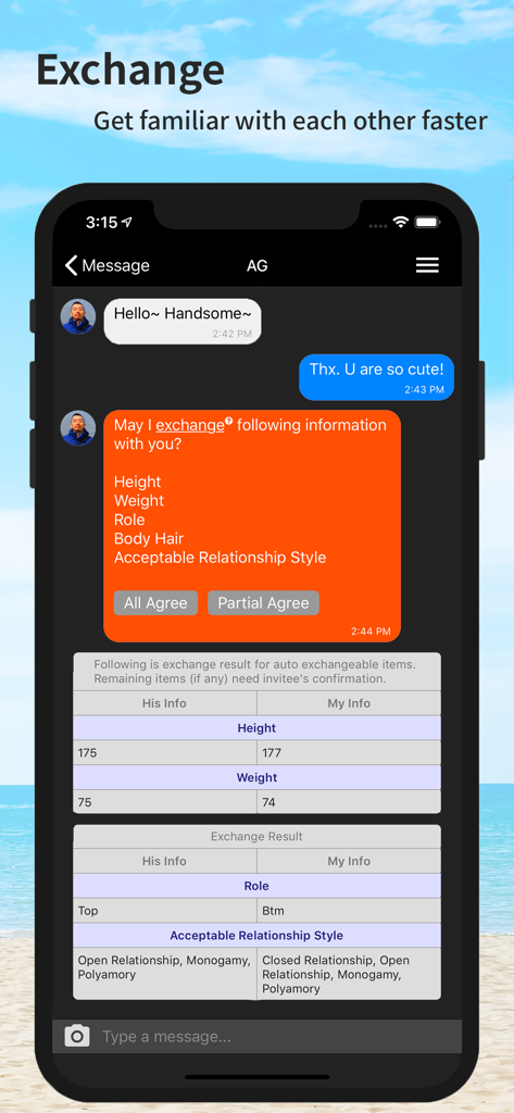 Gsland - Gay Chat, Dating, Now - Interface of the Gsland gay dating app showing users exchanging profile information in a chat