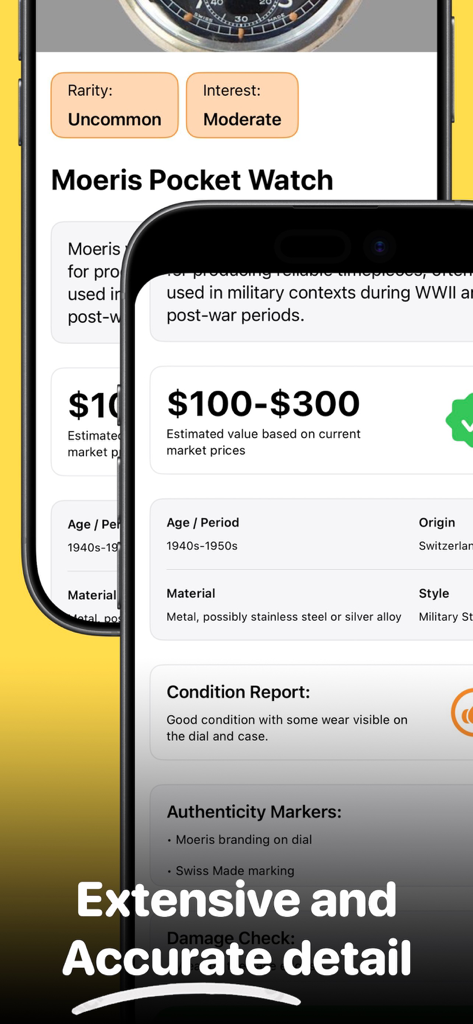 Valoración y detalles de un reloj antiguo en la aplicación Antique ID