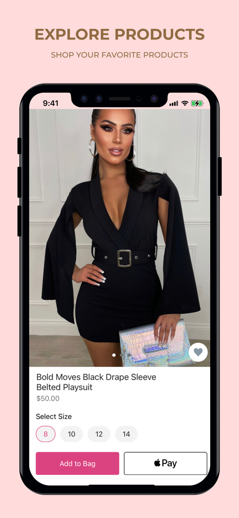 Interfaz de la aplicación móvil de Pink Boutique mostrando un mono negro con cinturón y mangas drapeadas con selección de talla y botón de Apple Pay