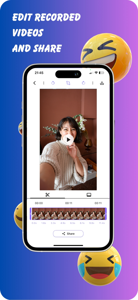Interface of Meme Audio app showing a video being edited and a share button