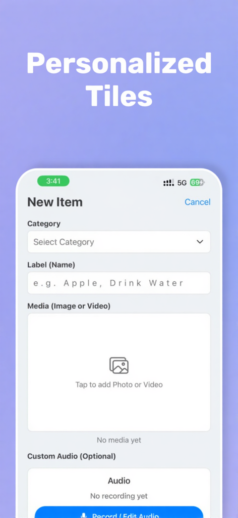 Interfaz que muestra la creación de una nueva casilla de CAA personalizada con campos para categoría, etiqueta, medio y grabación de audio personalizada.