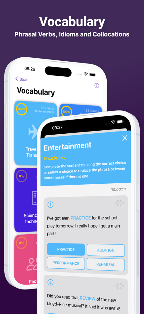 Use of English PRO - English vocabulary and collocation practice exercises on a mobile interface