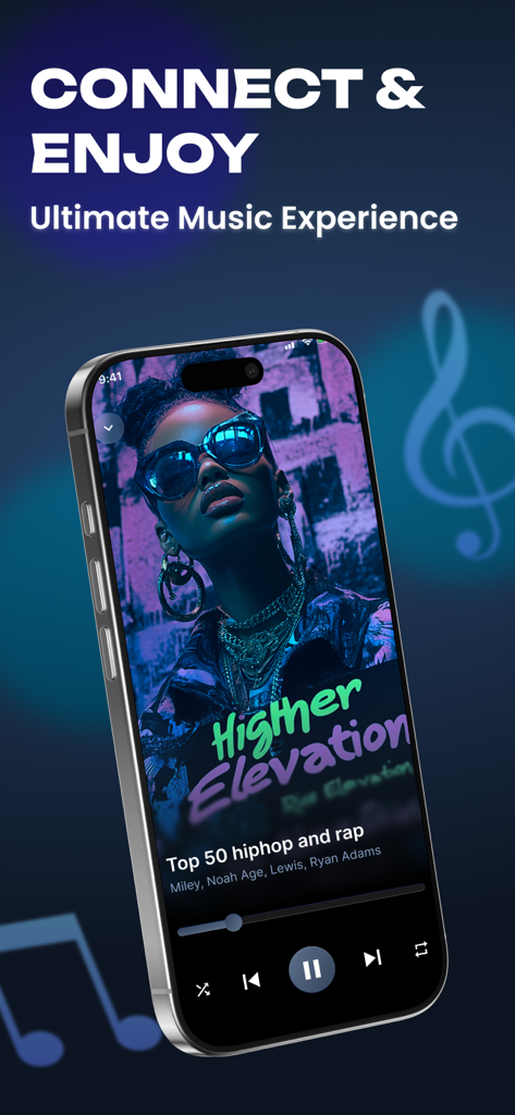 Jlab Earbuds & Speaker Control - Smartphone screen displaying the Jlab Earbuds and Speaker Control app music player interface with hip hop music playing