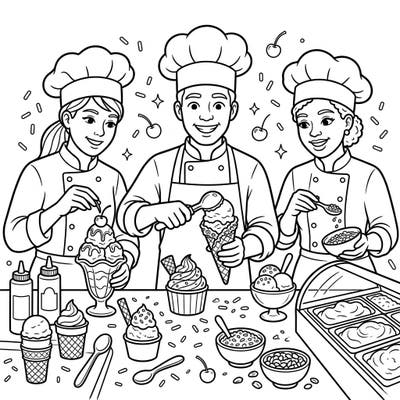 Step into a bustling ice cream parlor with our delightful coloring page featuring cheerful ice cream chefs. Kids will love bringing these yummy frozen treats and friendly faces to life with their favorite colors.