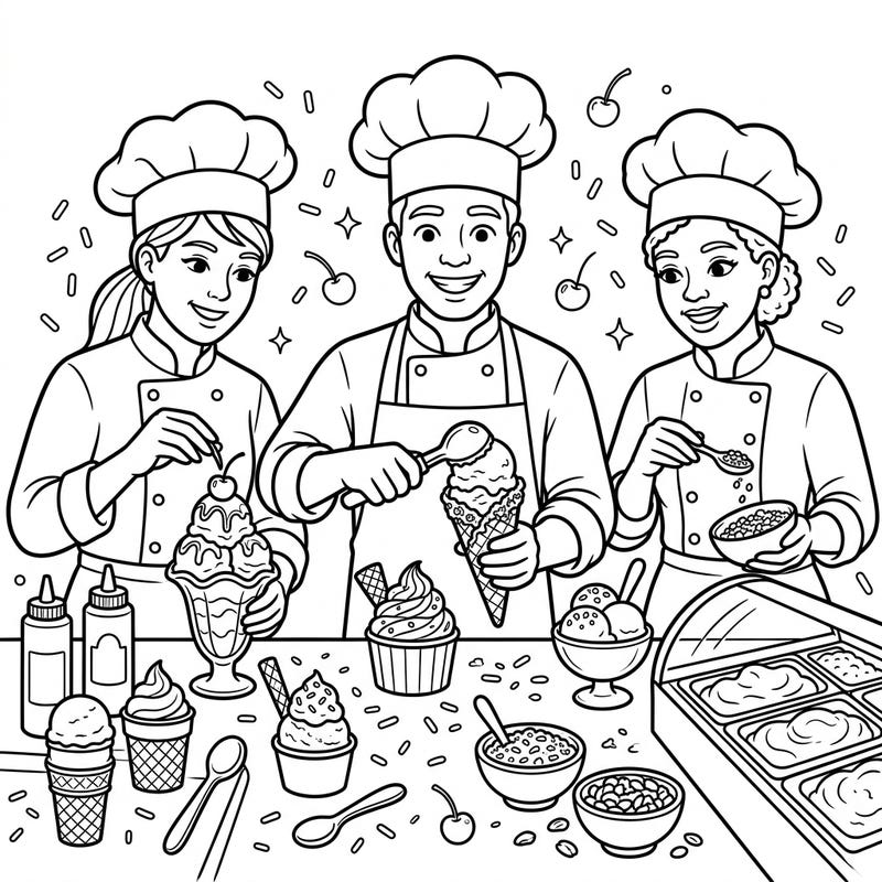 Step into a bustling ice cream parlor with our delightful coloring page featuring cheerful ice cream chefs. Kids will love bringing these yummy frozen treats and friendly faces to life with their favorite colors.