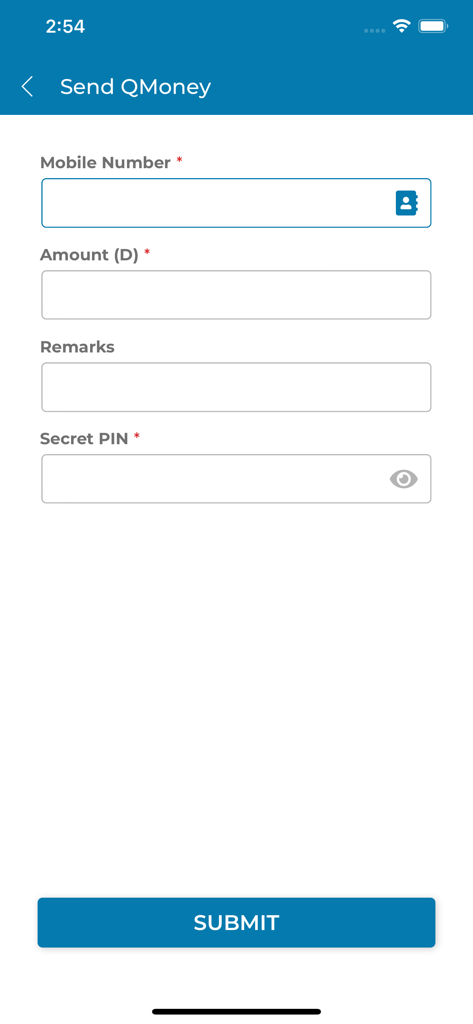 QMoney - Customer - QMoney app interface for sending money with fields for mobile number, amount, remarks, and secret pin