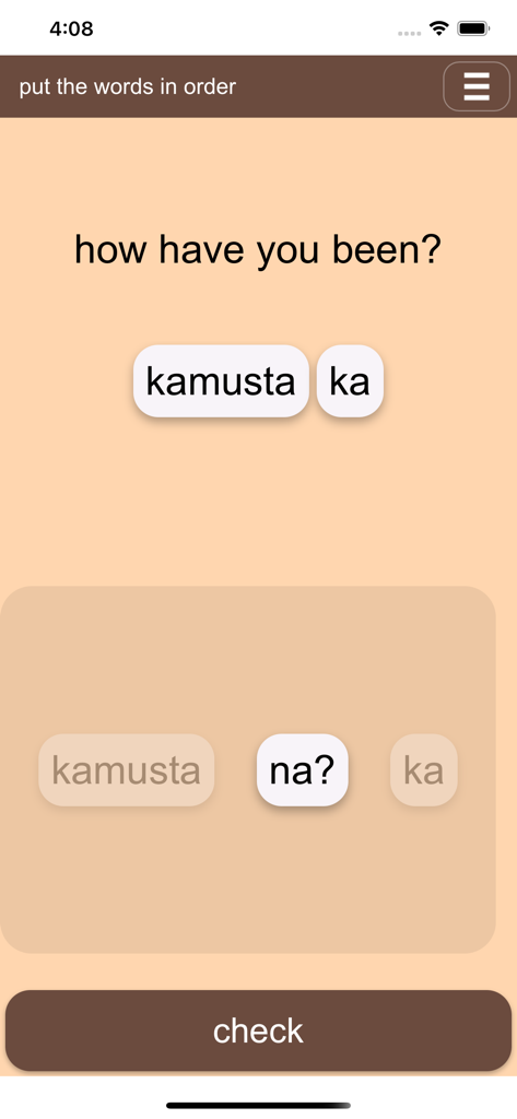 Speak Tagalog (Filipino) - Captura de pantalla de un ejercicio de construcción de oraciones en la aplicación Speak Tagalog donde el usuario pone las palabras filipinas en el orden correcto para traducir la frase cómo has estado.