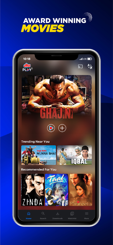 Ultra Play Hindi Movies - Mobile app interface of Ultra Play showing a selection of award winning Hindi movies like Ghajini and Taal.