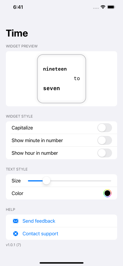 Interface do aplicativo Time Minimalist Clock Widget mostrando configurações de personalização para estilo de texto e layout