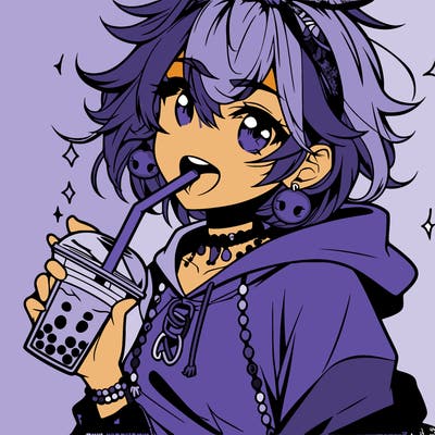 hot baddie anime girl drinking boba and biting the straw