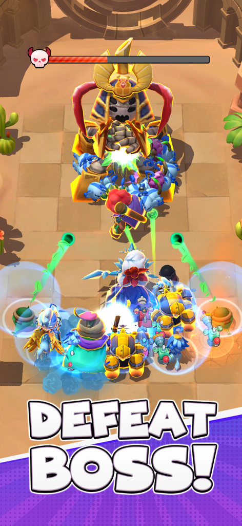 Merge Battle: PvP Arena - A squad of evolved pets attacking a giant Egyptian-themed boss in the Merge Battle arena