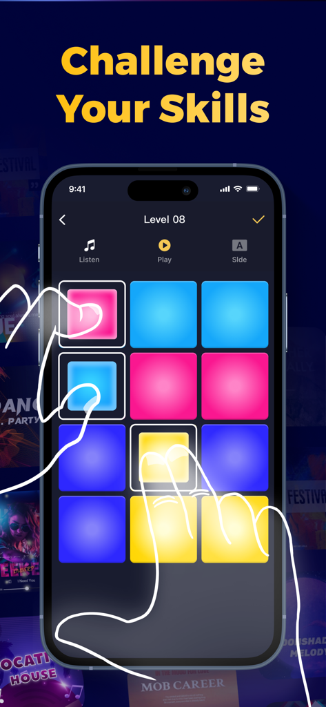 Beat Maker - Music Drum Pad - Eine Hand spielt ein Musik-Drum-Pad-Spiel auf einem Smartphone mit einem Raster aus bunten Pads im Karrieremodus