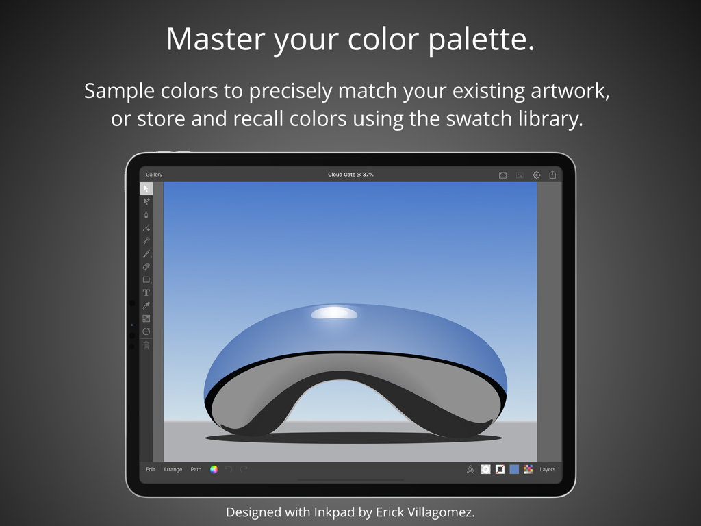 L'app di design grafico Inkpad su iPad mostra un'illustrazione vettoriale di una scultura blu riflettente e funzioni della tavolozza dei colori.