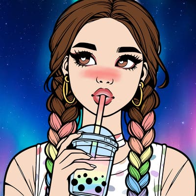 realistic girl with braided hair drinking boba
