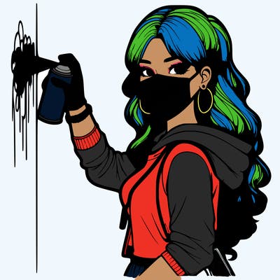 realistic girl with mask spray painting a wall