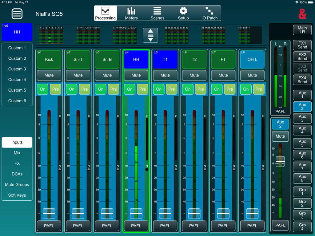 SQ MixPad - SQ MixPad digital audio mixing interface on iPad displaying channel faders and signal meters