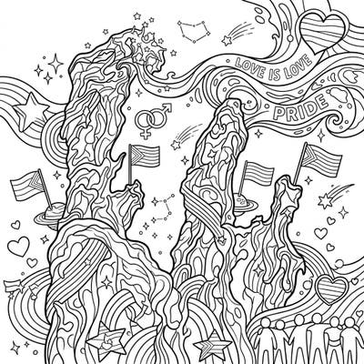 Journey into a vibrant cosmic celebration with this unique coloring page, blending the majestic Pillars of Creation with the joyous spirit of Pride Month. Discover a celestial canvas filled with stars, rainbows, and symbols of love and diversity, ready for your creative touch.