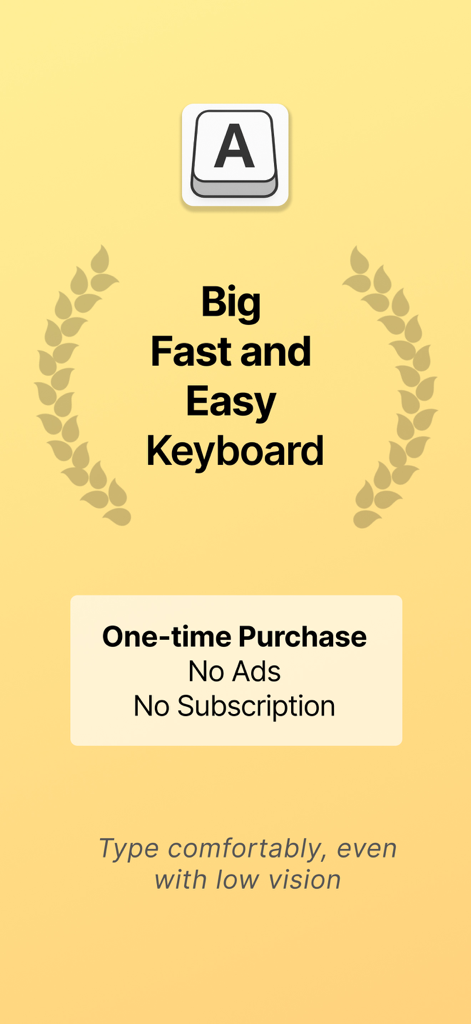 The Big Keyboard - Intro screen for The Big Keyboard app highlighting one-time purchase and accessibility for low vision users.