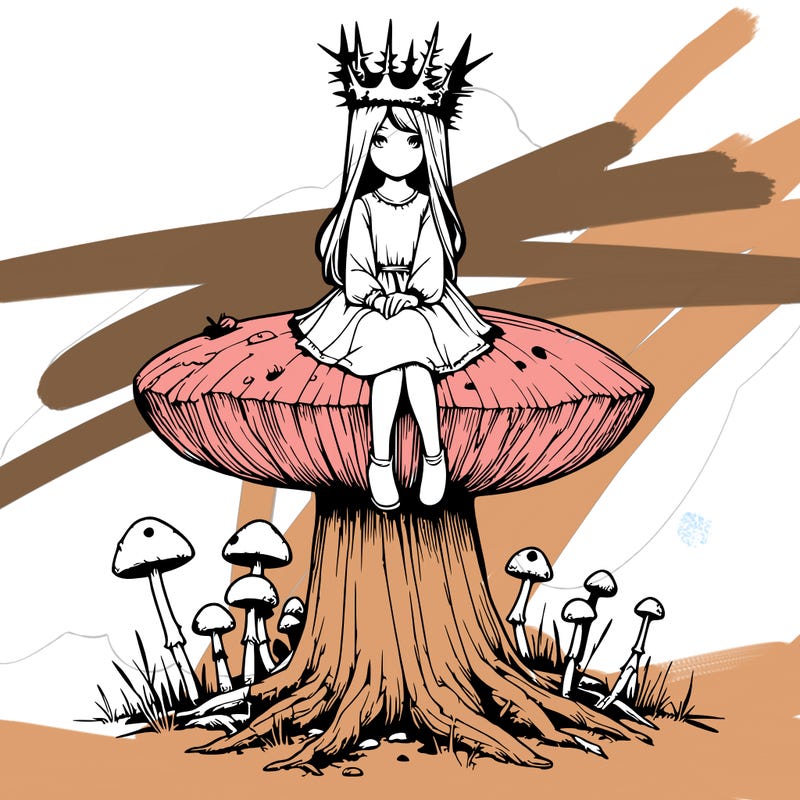 realistic girl sitting on a huge tree stump size toadstool with thorn crown