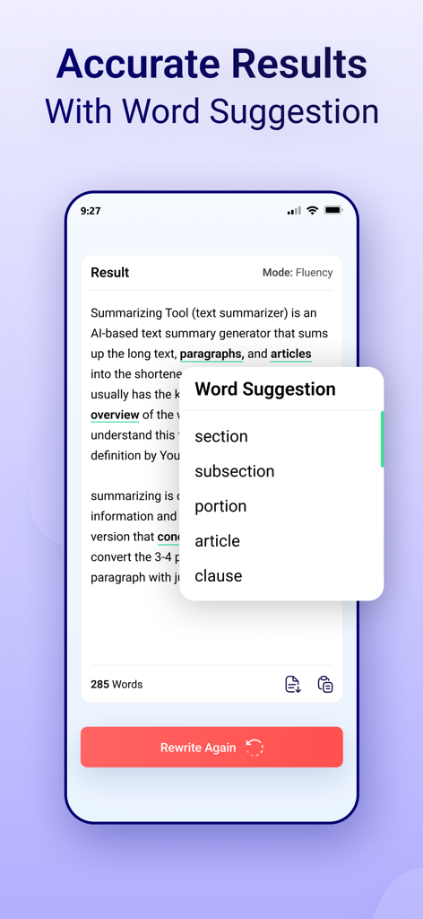 Article Rewriter Spinner - Screenshot der Artikel-Umformulierer Spinner-App, die einen paraphrasierten Text mit einem Pop-up-Fenster zur Wortvorschlagfunktion anzeigt, das Synonyme für das Wort 'Artikel' enthält.