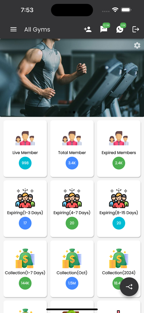 Lifetime Fitness Club - Painel do aplicativo Lifetime Fitness Club mostrando estatísticas de gerenciamento da academia, incluindo contagem de membros e arrecadação de receita