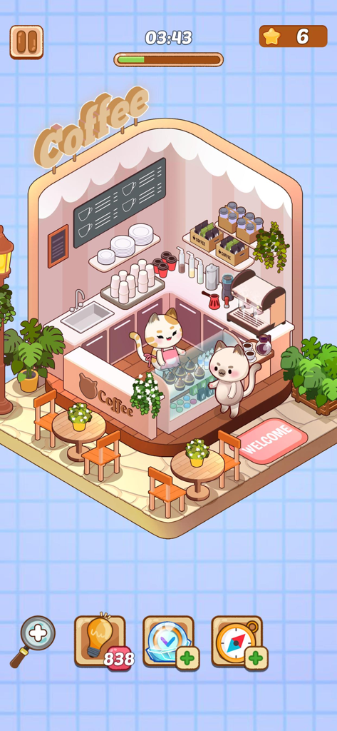 Cat Room Decor - A cute cat-themed coffee shop decorated with plants and furniture in the Cat Room Decor mobile game.